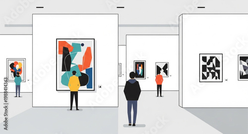 People Admiring Abstract Art in a Modern Art Gallery Exhibition.