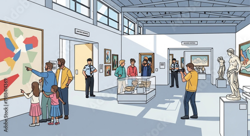 People admiring abstract art in a modern art gallery exhibition hall.