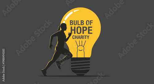 Silhouette Of Runner and Bright Light Bulb Representing the Hope Charity on Grey Background
