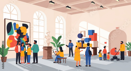 People admiring abstract art in a modern museum gallery exhibition.