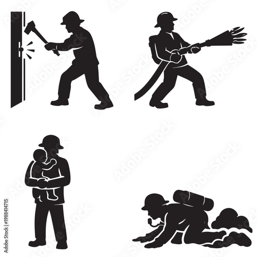 Silhouette firefighters breaking doors spraying water rescuing people and crawling with oxygen tanks during emergency operations