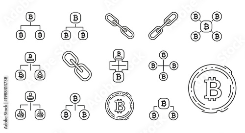 Digital Cryptocurrency Bitcoin Blockchain Technology Icons Set.