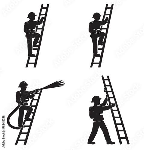 Silhouette firefighters climbing ladders holding hoses and supporting rescue operations in emergency action scenes