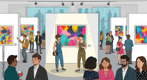 People admiring abstract art paintings in a modern art gallery exhibition.