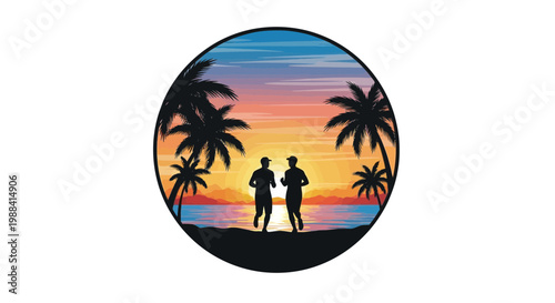 Silhouette Of Runners Witnessing Tropical Sunset Amidst Palm Trees And Scenic Beach