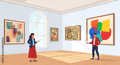 People admiring abstract art paintings in a modern art gallery exhibition.