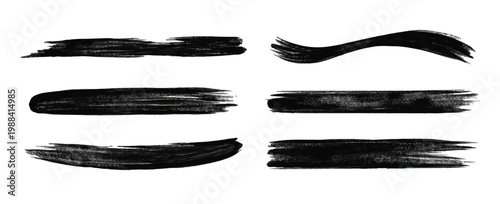A collection of various black ink brush strokes and paint smears on a white background. Hand drawn calligraphy brush strokes black paint texture, vector illustration.