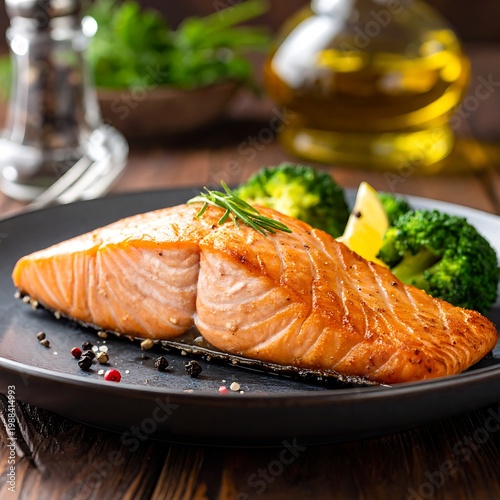 A plate of grilled salmon with steamed broccoli on a wooden table
