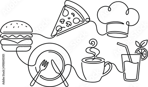 Handdrawn line art icons of food drinks and chef hat isolated illustration