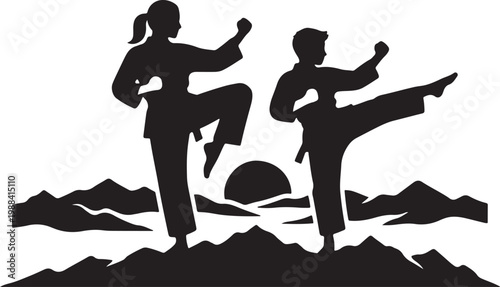 Mother and teenager practicing martial arts at sunrise silhouette