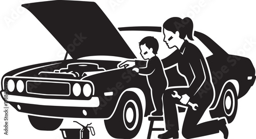 Mother showing toddler how to change car oil silhouette