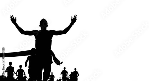 Silhouette Of Winner Crossing Finish Line With Arms Raised In Triumph and Celebration