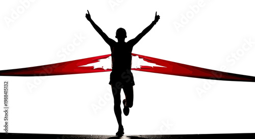 Silhouette Of Winner Crossing Red Ribbon Celebratory Finish, Reaching Victory