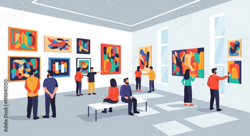 People admiring abstract art paintings in a modern art gallery exhibition.