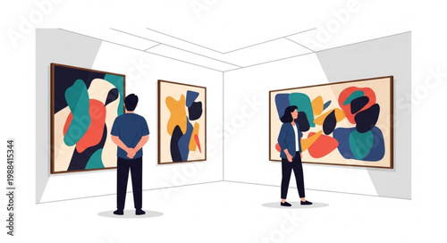 People admiring abstract art paintings in a modern gallery exhibition.