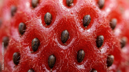 Extreme macro image of a strawberry surface, highlighting individual achenes and fine hairs between them, reflecting light uniquely.