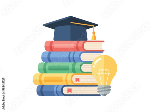 Stack of books with graduation cap and light bulb signifying education idea.