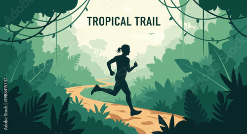 Silhouette Runner Exploring Lush Tropical Trail Amidst Dense Foliage and Overhanging Vines