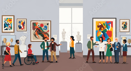 People admiring abstract paintings in a modern art gallery exhibition hall.