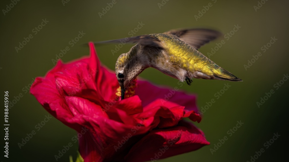 Obraz premium A hummingbird is eating from a red flower. The flower is large and has a lot of petals
