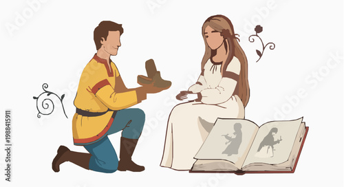 Romantic folklore cartoon vector illustration with slippers gift and open book Ukrainian literature concept isolated on white background