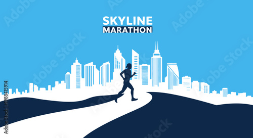 Skyline Marathon Runner Silhouette in Front of Illustrative Cityscape in Blue Tones