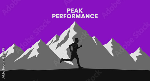Silhouette Runner Striving Against Mountain Peaks to Demonstrate Peak Performance and Ambition