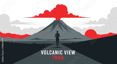 Silhouette Runner Trails Up Volcanic Mountain Under A Fiery Crimson Sky View