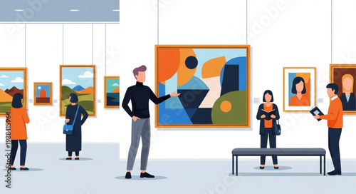 People admiring abstract paintings in an art gallery exhibition.