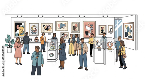 People admiring art and exhibits in a museum gallery.