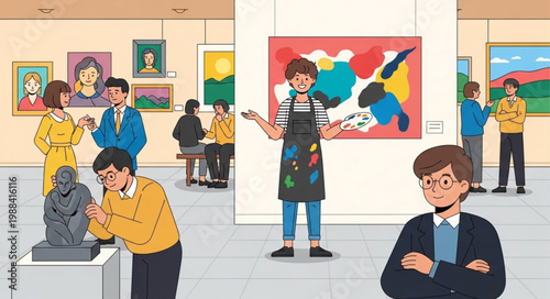 People Admiring Art and Sculpture in a Museum Gallery.