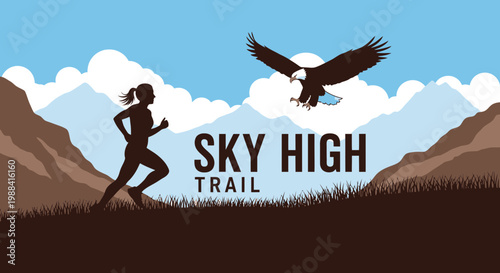 Soaring Above Trails Concept Depicting Runner With Majestic Eagle And Stunning Skyline