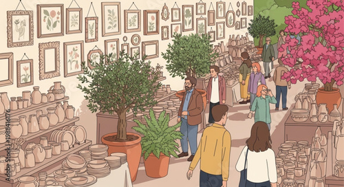 People admiring art and plants in a gallery setting.