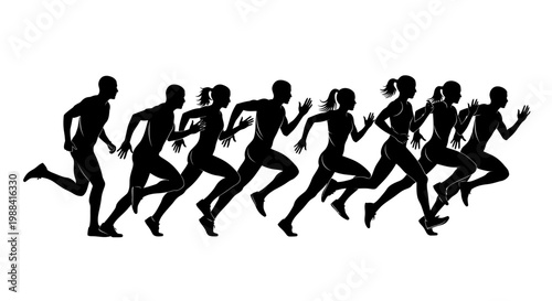 Silhouette Runners Racing Towards Victory Illustrated on a White Background