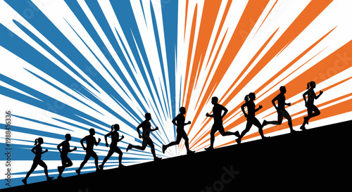 Silhouette Runners Rising Upward Toward The Blue Orange Sunburst Background