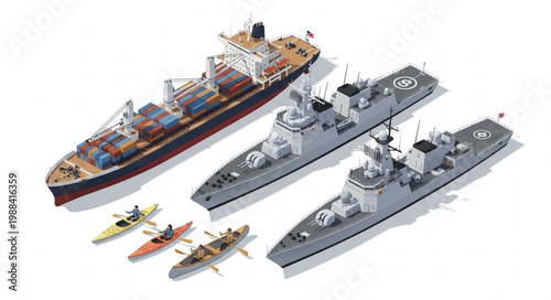 Collection of miniature ships and kayaks on a white background.
