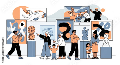 People admiring art exhibits in a modern museum gallery.