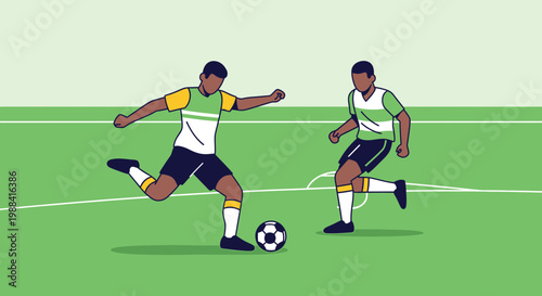 Soccer Game Depiction with Players Kicking The Ball on a Lush Green Field
