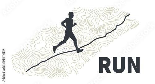 Silhouette Running Through Terrain Map, Sporty Design for Fitness and Outdoor Activities