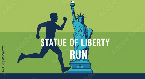 Silhouette Running Towards Iconic Landmark: Liberty Statue Run Inspires Motion and Freedom