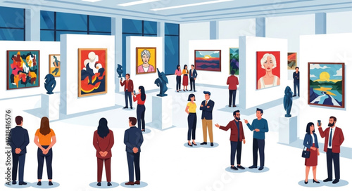 People admiring art in a modern art gallery exhibition.