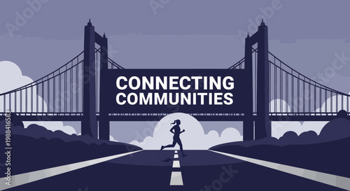 Silhouette Running Towards Connecting Communities In Front Of A Bridge Under Sky