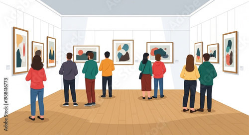 People admiring art in a modern art gallery exhibition.