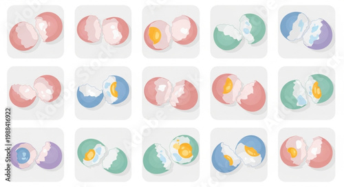 Collection of colorful cracked Easter eggs with different fillings.