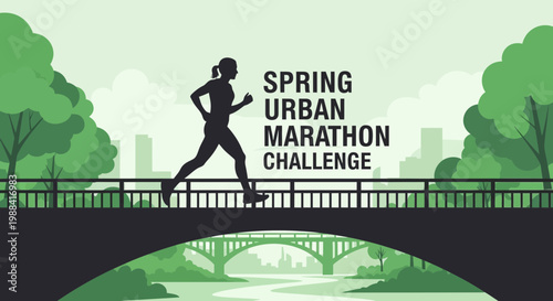 Spring Urban Marathon Challenge Silhouette Running Across Bridge Scenic Cityscape