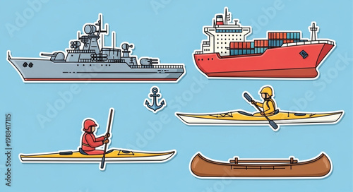 Collection of various watercraft including cargo ship and kayaks.