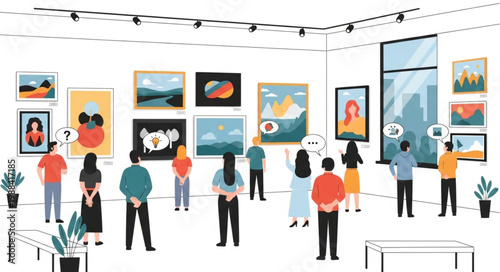 People admiring art in a modern gallery exhibition.