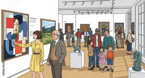 People admiring art in a modern art gallery exhibition.