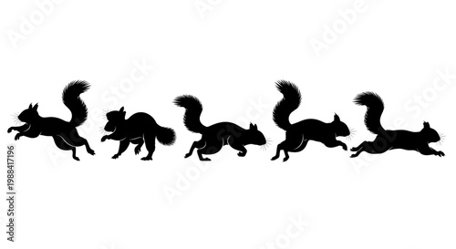 Squirrel Silhouettes: Dynamic Sequence Of Animals In Motion Against A White Backdrop