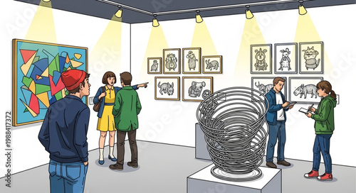 People admiring art in a modern gallery exhibition.